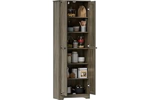 HOMCOM 67" Farmhouse Pantry Cabinet, Tall Kitchen Pantry with Adjustable Shelves, Freestanding Storage Cabinet with Recessed 