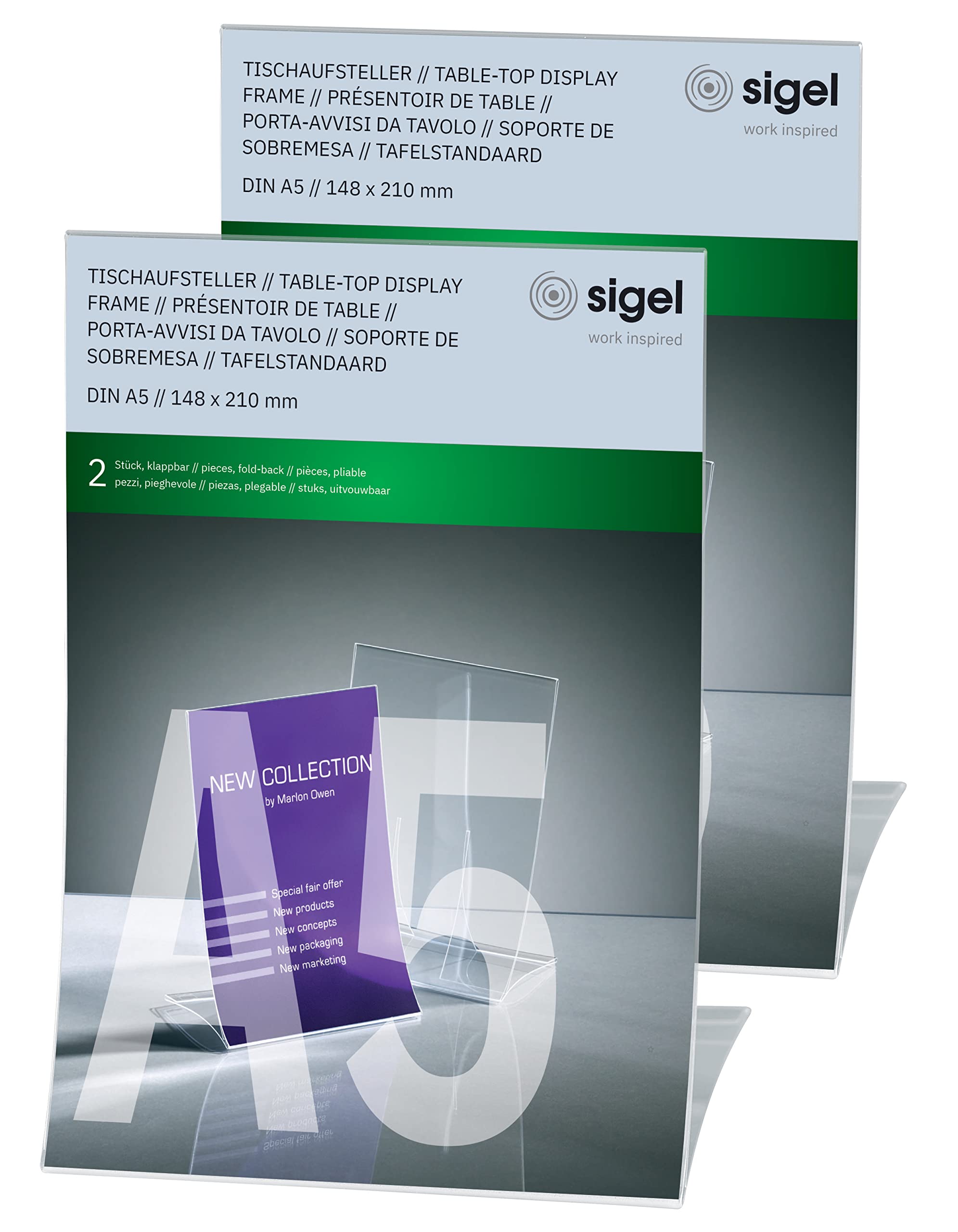 Sigel TA160 Inclined Table Top Display Stands, Foldable, Durable, 21 x 30 x 11 cm, Transparent, 2-Piece