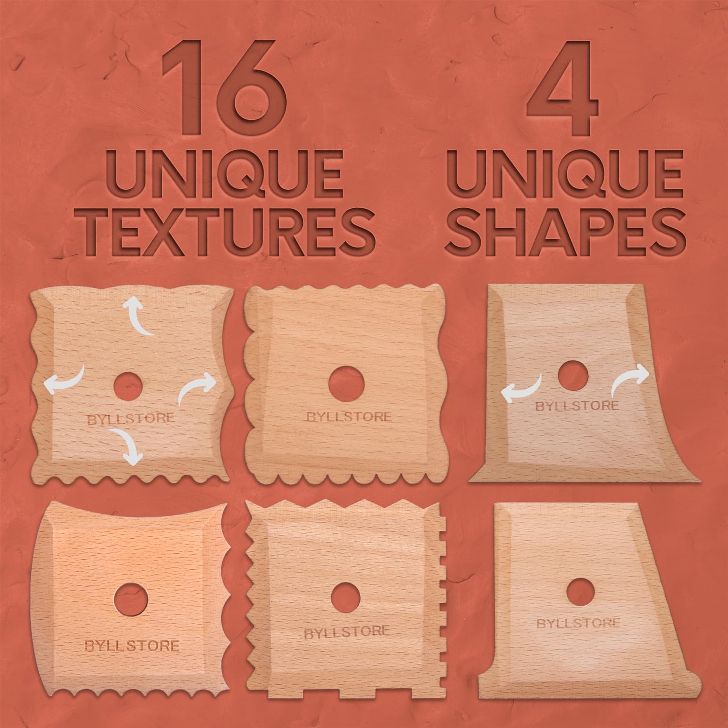 Byllstore Pottery Ribs & Trimming Tools | 2 Foot Shaper Tools | 4 Clay Texture Ribs | Solid Beech Wood | Several Pack Options (6-Pack)
