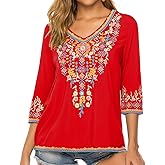 Higustar Mexican Tops for Women Embroidered Shirts Bohemian Hippie Clothes Tunic Fiesta Plus Size Boho Peasant Blouses