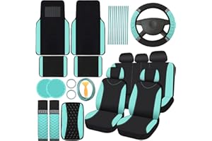 BBTO 43 Pcs Bling Car Accessories Set for Women Front Seats and Rear Bench Polyester Car Seat Protectors Wheel Cover Seat Floor Mats Full Crystal Automotive Interior Decor(Mint Green)