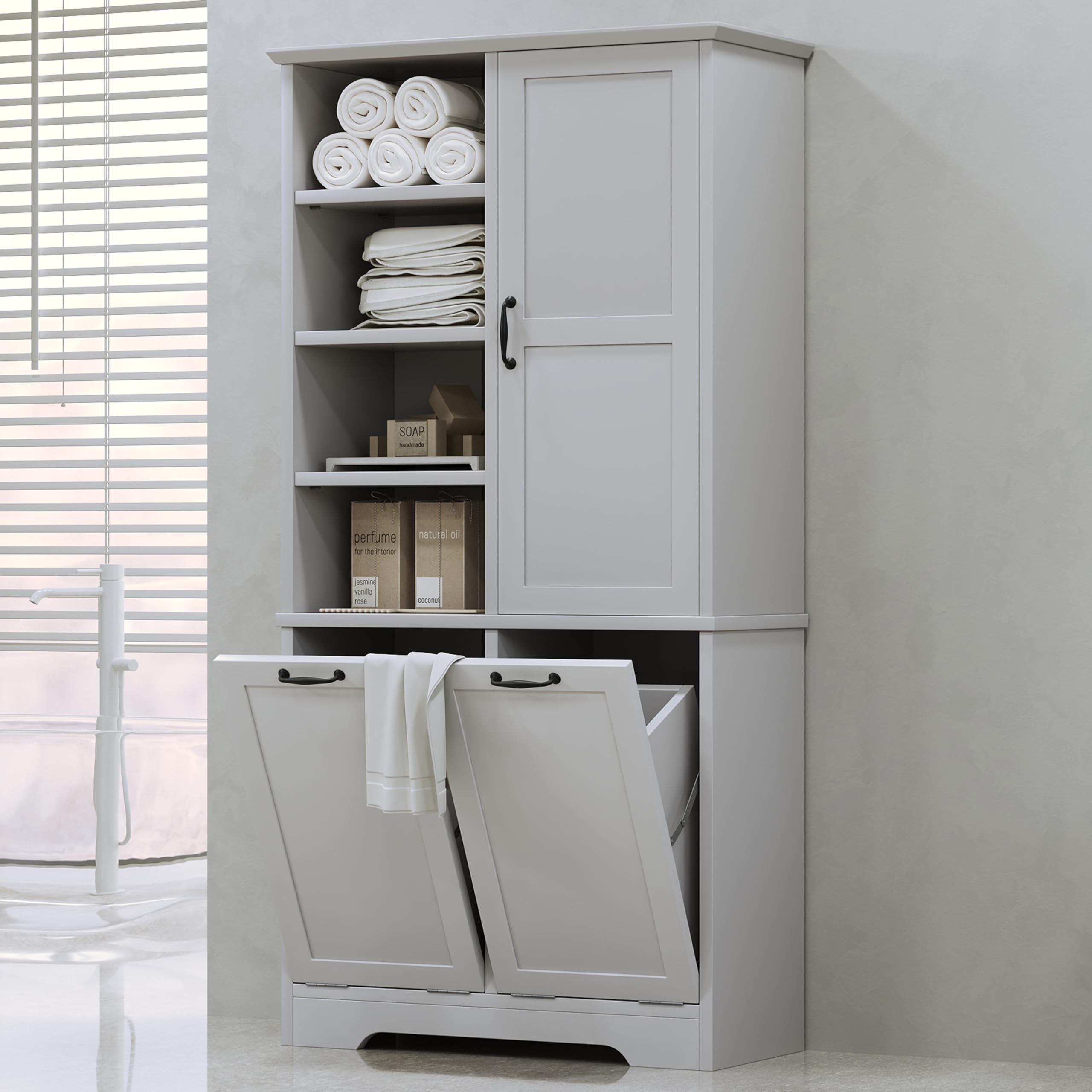 Photo 1 of ***Back pieces broken***68" Tall Bathroom Storage Cabinet with Two Doors and Two Laundry Hampers for Home Display Organizer, Adjustable Shelf, Gray