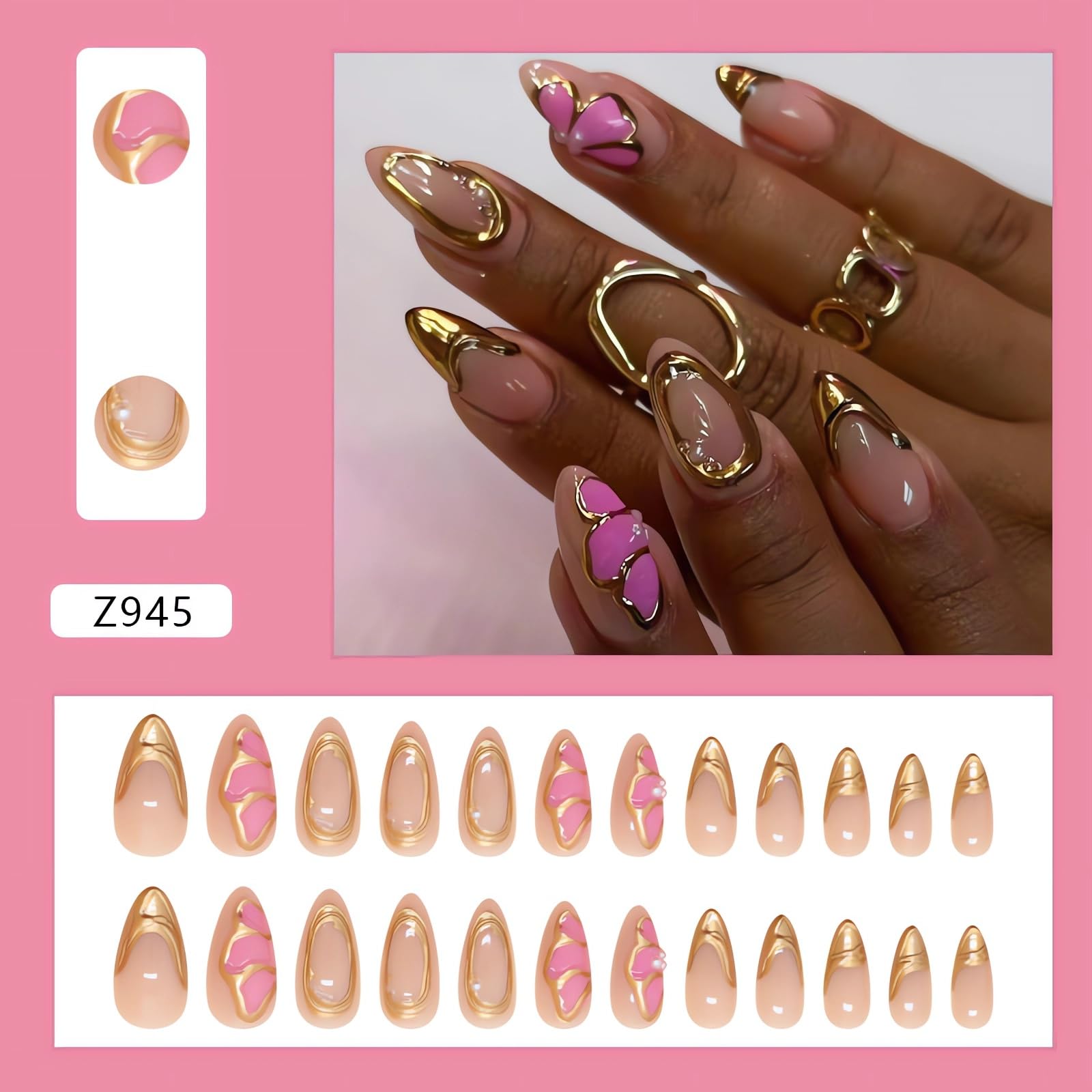 LPOODDNU 3D Almond Press on Nails Medium Handmade Fake Nails with Gold Charms Pink Butterfly Designs French Acrylic Nails Press ons Almond Shape False Nails Cute Nails Medium Stick on Nails for Women - Image 2