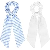 JGQUR Bow Hair Ties for Women 2pc Blue White Hair Scarf Scrunchies Knotted Hair Ribbon Long Tail, Ponytail Holders Hair Scarf Accessories
