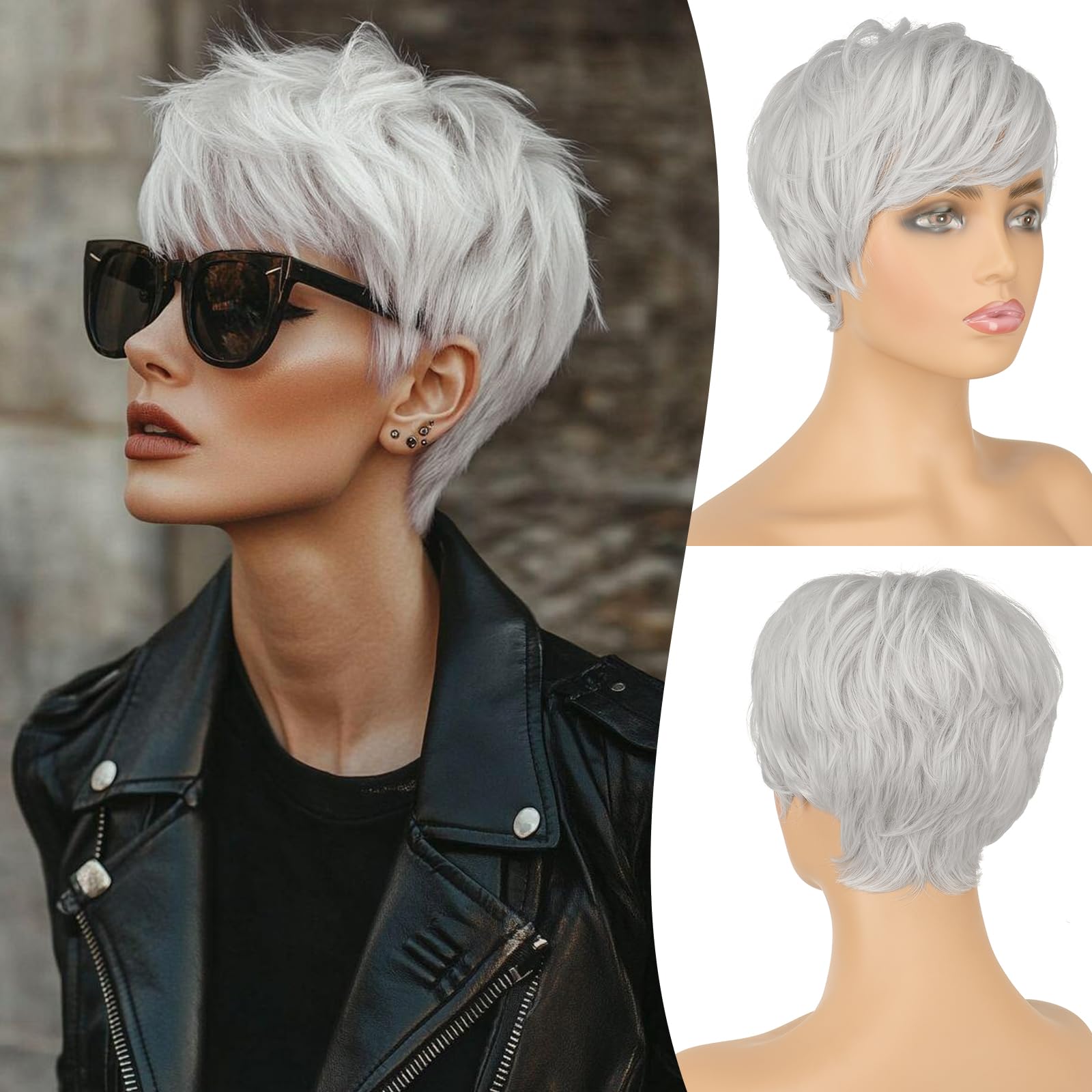 Photo 1 of FESHFEN Pixie Cut Wigs Synthetic Platinum Grey Short Pixie Haircut Wig with Bangs Glueless Layered Wavy Granny Gray Wigs for Women Men