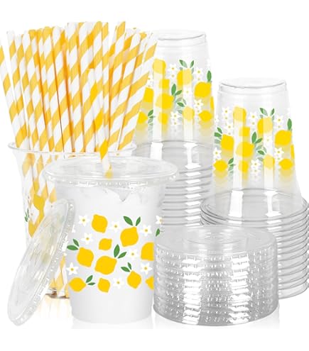 Amazon.com: FYSUIMU 50Pcs 12Oz Lemon Floral Plastic Cup with Lid & Straw  Yellow Green Flower Clear Disposable Drinking Cup for Summer Party Supplies  : Health & Household