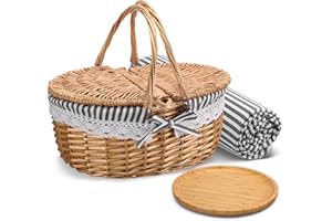 Gandeer Picnic Basket with Blankets and Bamboo Plates Picnic Supplies Set Basket with Lid and Handle Wicker Picnic Basket Sturdy Woven Body with Washable Lining for Camping(Grey)