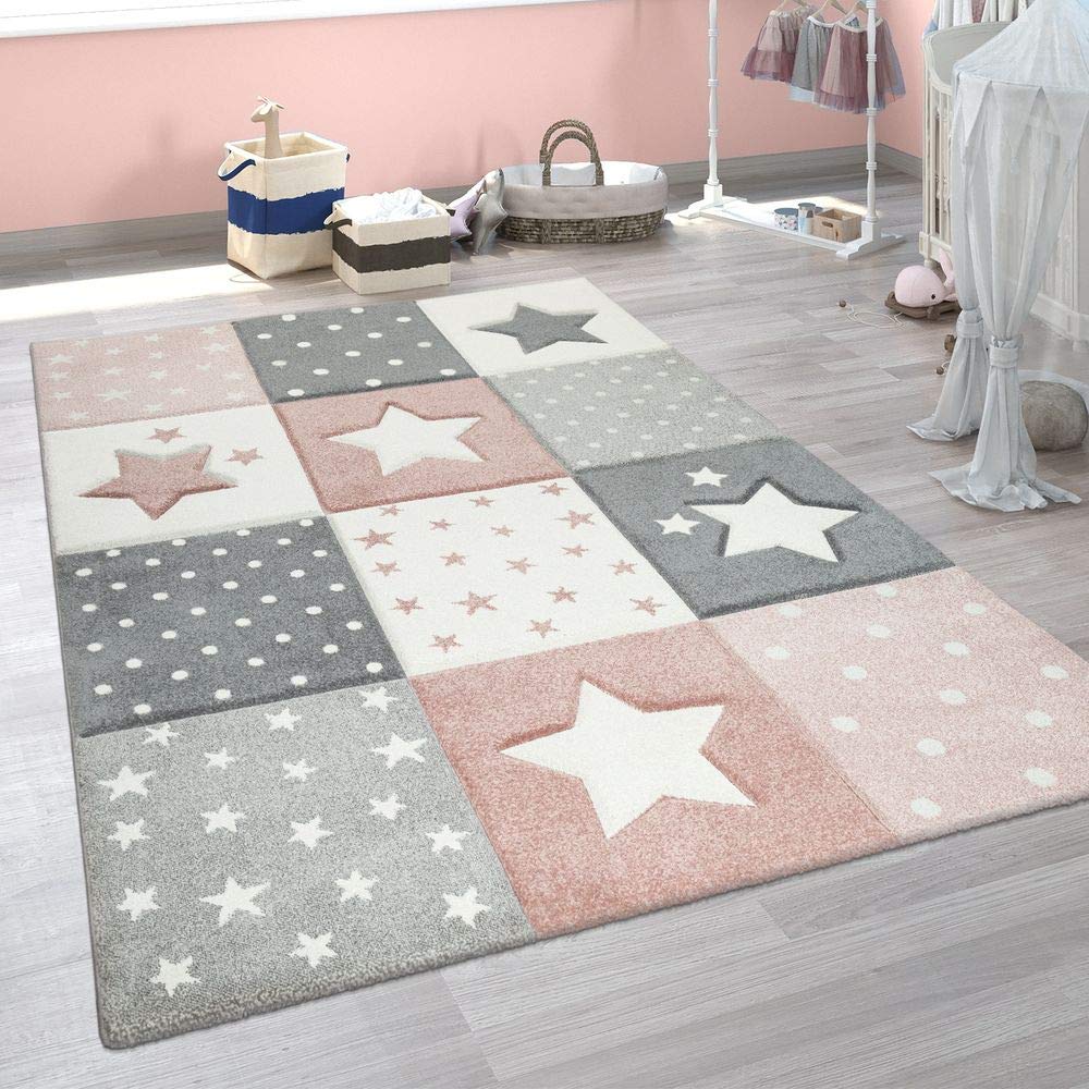 Paco Home Tapis Chambre Enfant Moderne Couleurs Pastel Carreaux Etoile Pois Design En Rose Gris Dimension 80x150 Cm Decoration De Chambre D Enfant Tapis Napravi Rs