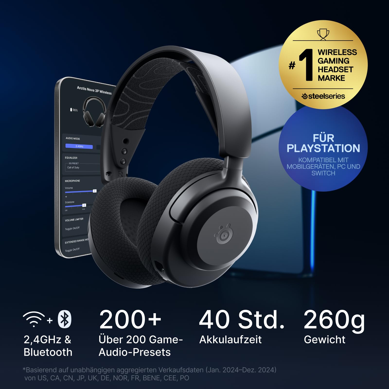 SteelSeries Arctis Nova 3P Wireless - PS5 Headset & PC Gaming Headset – App-Steuerung – 40 Std. Akku – Neodym-Magnet-Treiber – 2,4 GHz/Bluetooth – Abnehmbares Mikrofon – Für PS5, PC, Switch - Schwarz 2