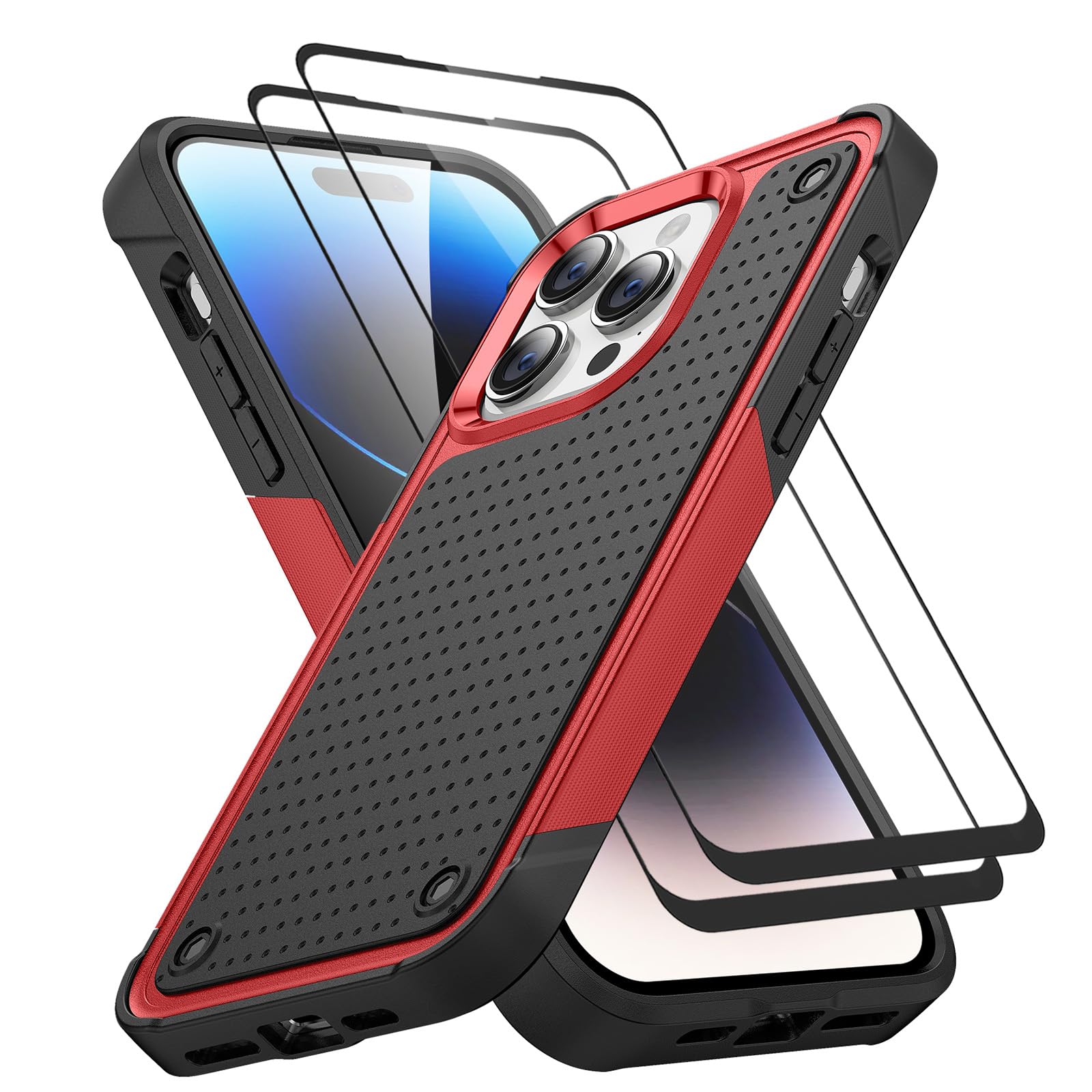Jeylly 3 in 1 for iPhone 15 Pro Max Case 6.7'', 15 Pro Max Case with 2pcs Screen Protector, Military Grade Shockproof Anti Scratch Hard Back Non Slip Full Protective Cover for iPhone 15 Pro Max, Red