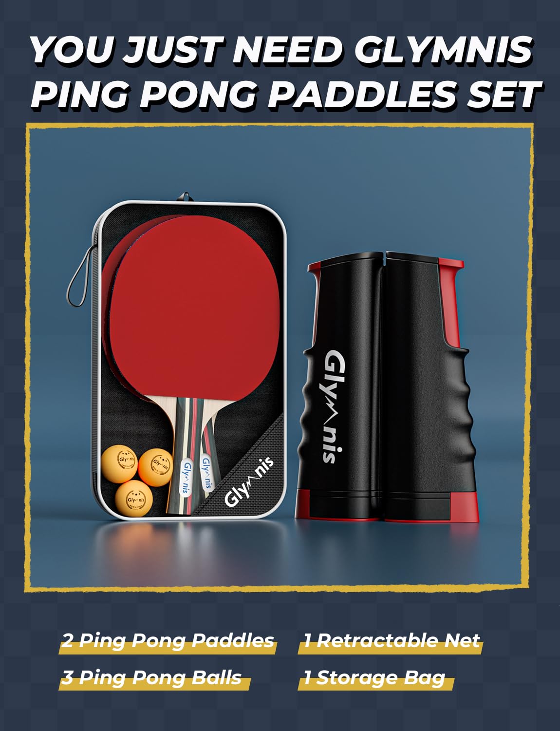 Glymnis Ping Pong Paddles Set Table Tennis Rackets with Balls, Storage Case for Indoor Outdoor Table Tennis Paddle Game Accessories