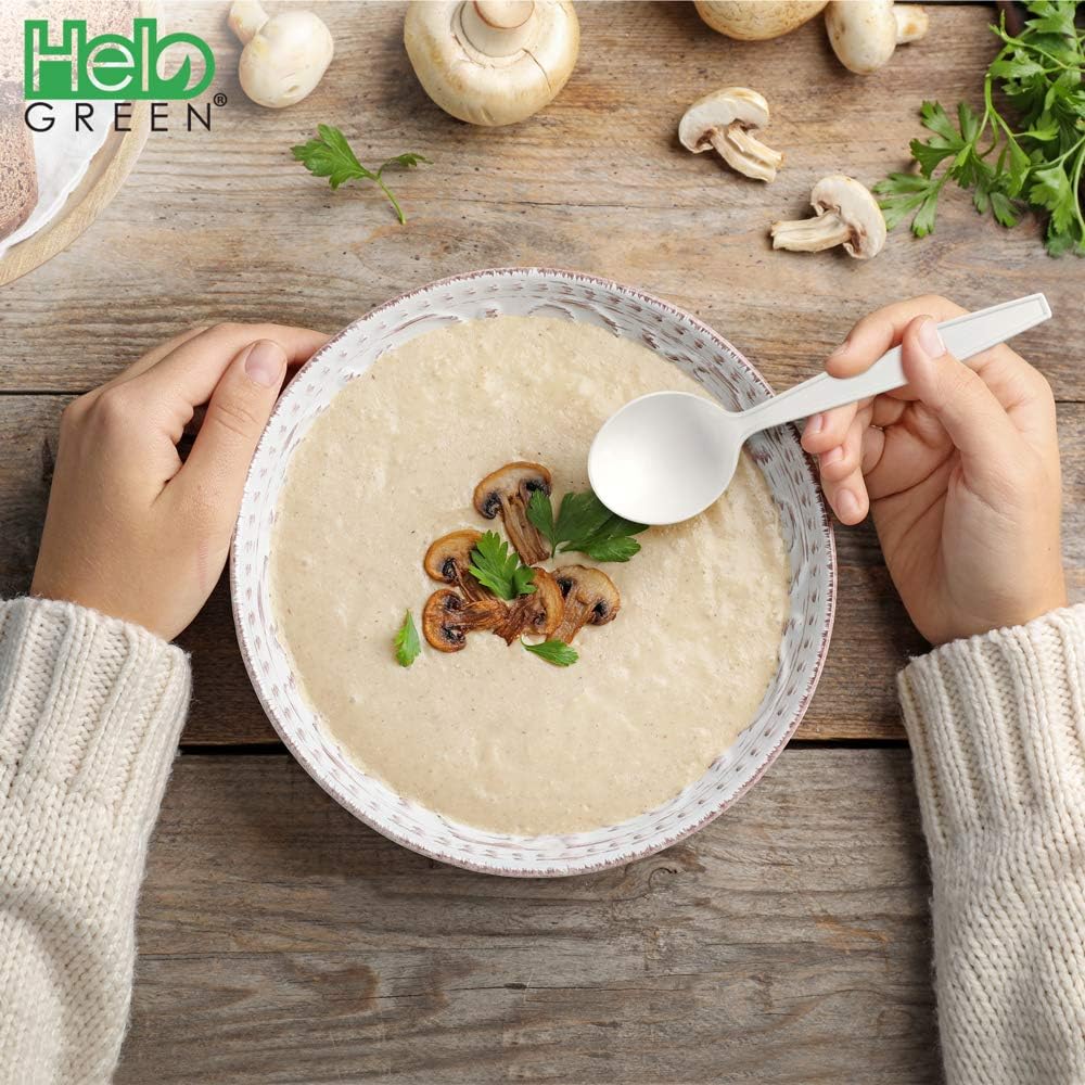 [50 Pack] HeloGreen Eco-Friendly Cornstarch 6" Disposable Soup Spoons: Heavyweight Heavy Duty Elegant Alternative to Plastic Spoons, Plasticware Utensils Cutlery, Ivory: Health & Personal Care