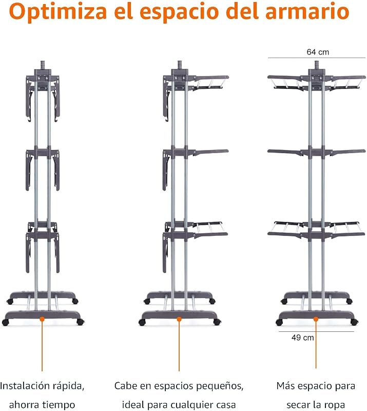 Tendedero tipo torre, para interior, con alas plegables, Plateado, 4-niveles, 126 x 64 x 173 cm (L x W x H) — foto 4 de 8
