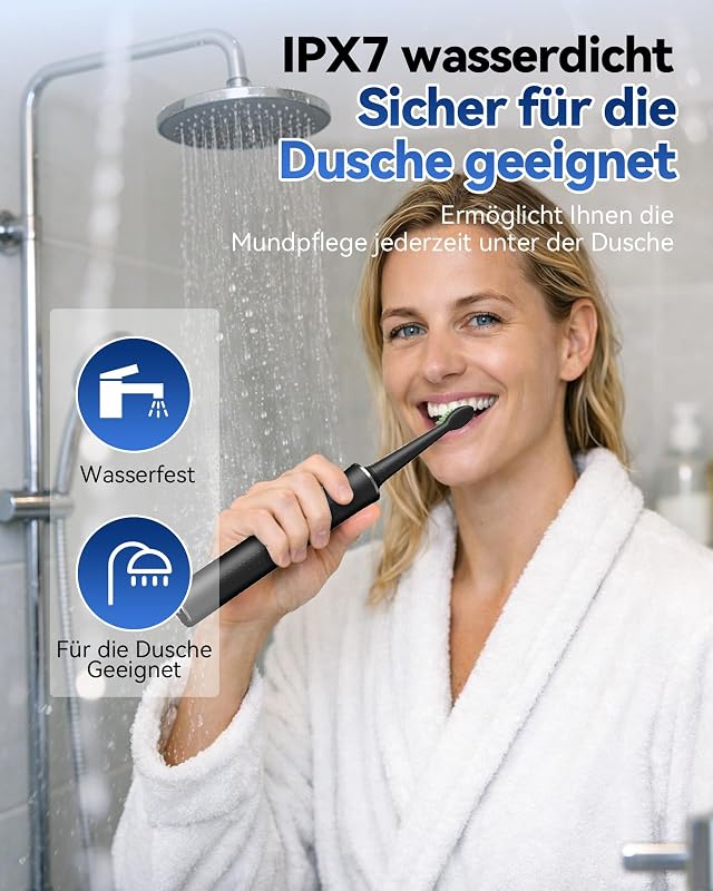 Elektrische Schallzahnbürste für Erwachsene – 5 Modi, 45 Tage Akkulaufzeit, 8 Bürstenköpfe, IPX7 Wasserdicht, Smart Timer, Reisefreundlich – Premium Sonic Zahnbürste Set für Familie (Schwarz)
