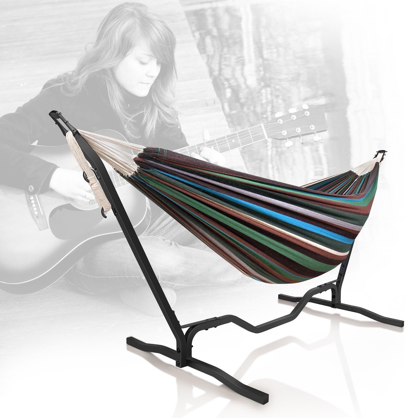 Holifine Double Hammock with 9-Feet Steel Stand Unique Guitar Design Travel Camping Two Person Adjustable Hanging Bed 79 x 59 " for Backyard Porch Balcony Garden Lawn Indoor Outdoor Use - Green