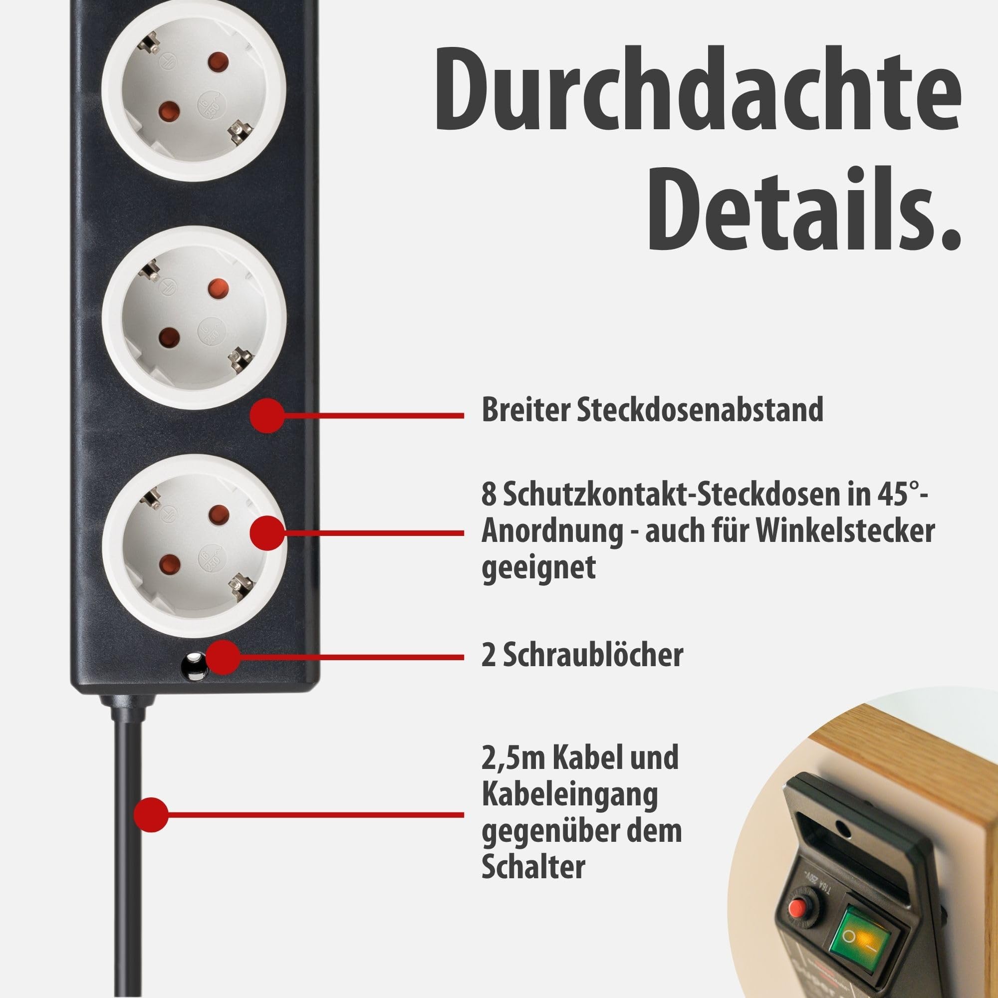 Brennenstuhl Super-Solid Steckdosenleiste 8-Fach mit Überspannungsschutz (Steckerleiste mit 2,5m Kabel und Schalter, Mehrfachsteckdose aus bruchfestem Polycarbonat) schwarz/grau 4
