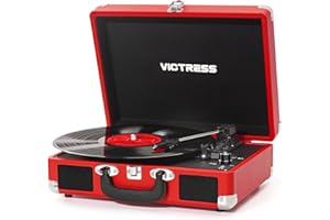 VICTRESS Vinyl Record Player, Portable Suitcase Turntable with PC Recording & Bluetooth Input/Output, 3-Speed LP Player, Built-in Stereo Speakers, RCA, AUX, Headphone Jack, Red