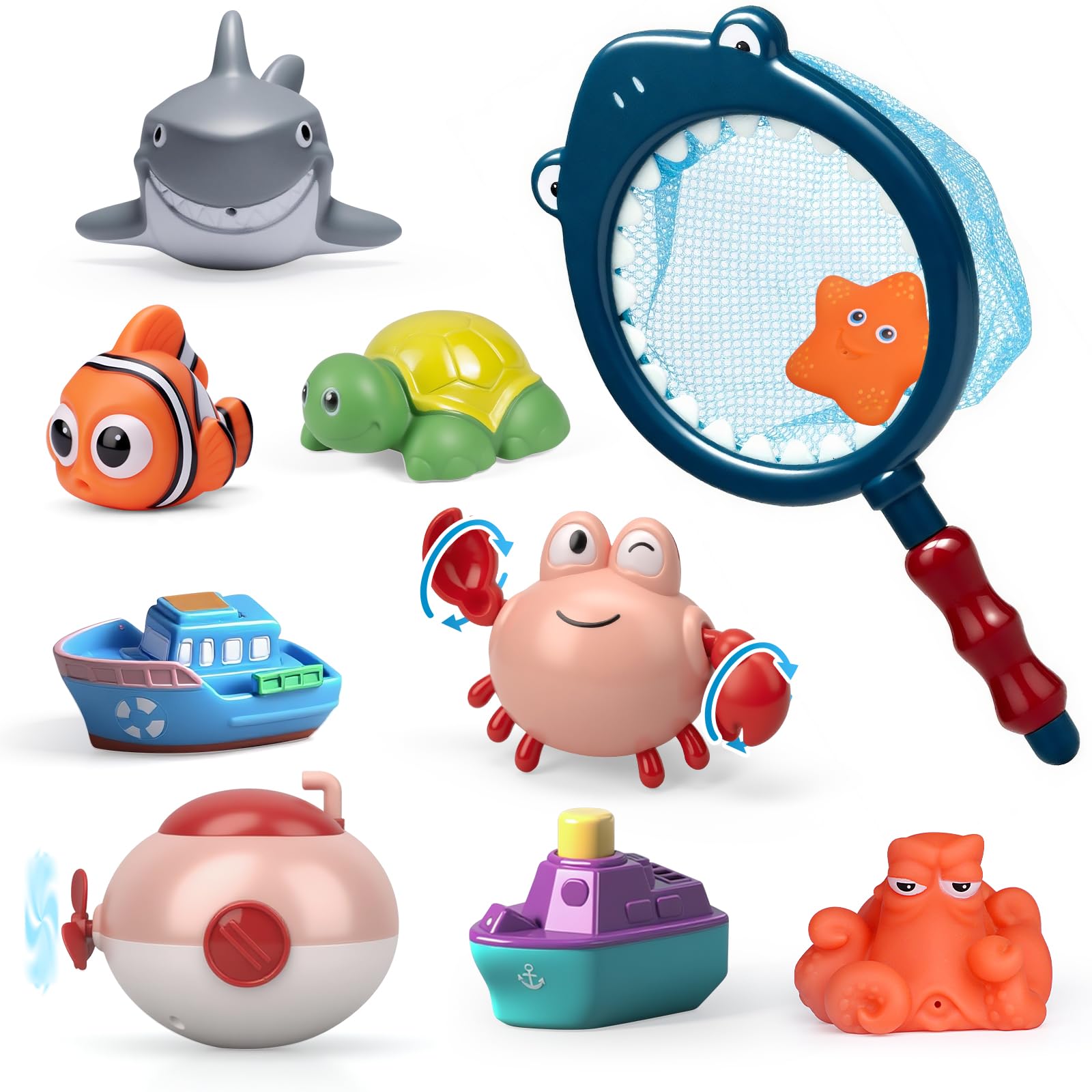 Baby Bath Toys, 10 Pack Mould Free Floating Sea Animal Boat Shark Squeeezable Water Swimming Pool Play Toys for Toddlers, Bath-time Shower Educational Learning Gifts