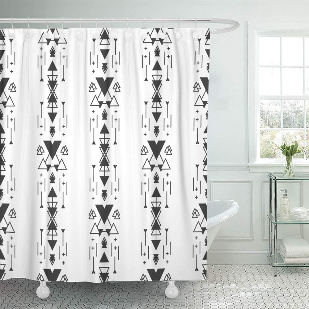 Shower Curtain Set Waterproof Adjustable Polyester Fabric Black White Navajo Aztec Abstract Geometric Ethnic Hipster Triangle 66 x 72 Inches Set with Hooks for Bathroom