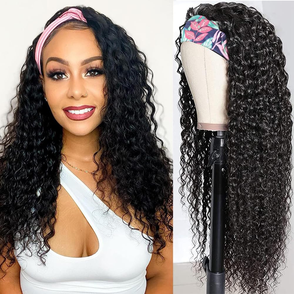 Human Hair Wig 22 inch Headband Wig Curly Human Hair Wigs for Black Woman Curly Headband Wigs for Woman 150% Density Natural Black Color Soft and Full Headband Wig