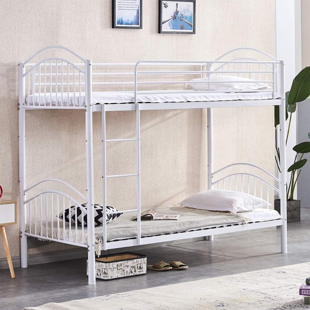 HomeSailing EU Metal Bunk Bed Frame(Can split into 2 3ft Beds) Single Bed Loft Bed with Ladders and Safety Guardrail High Bed Twin Sleeper for Kids Children and Adults White