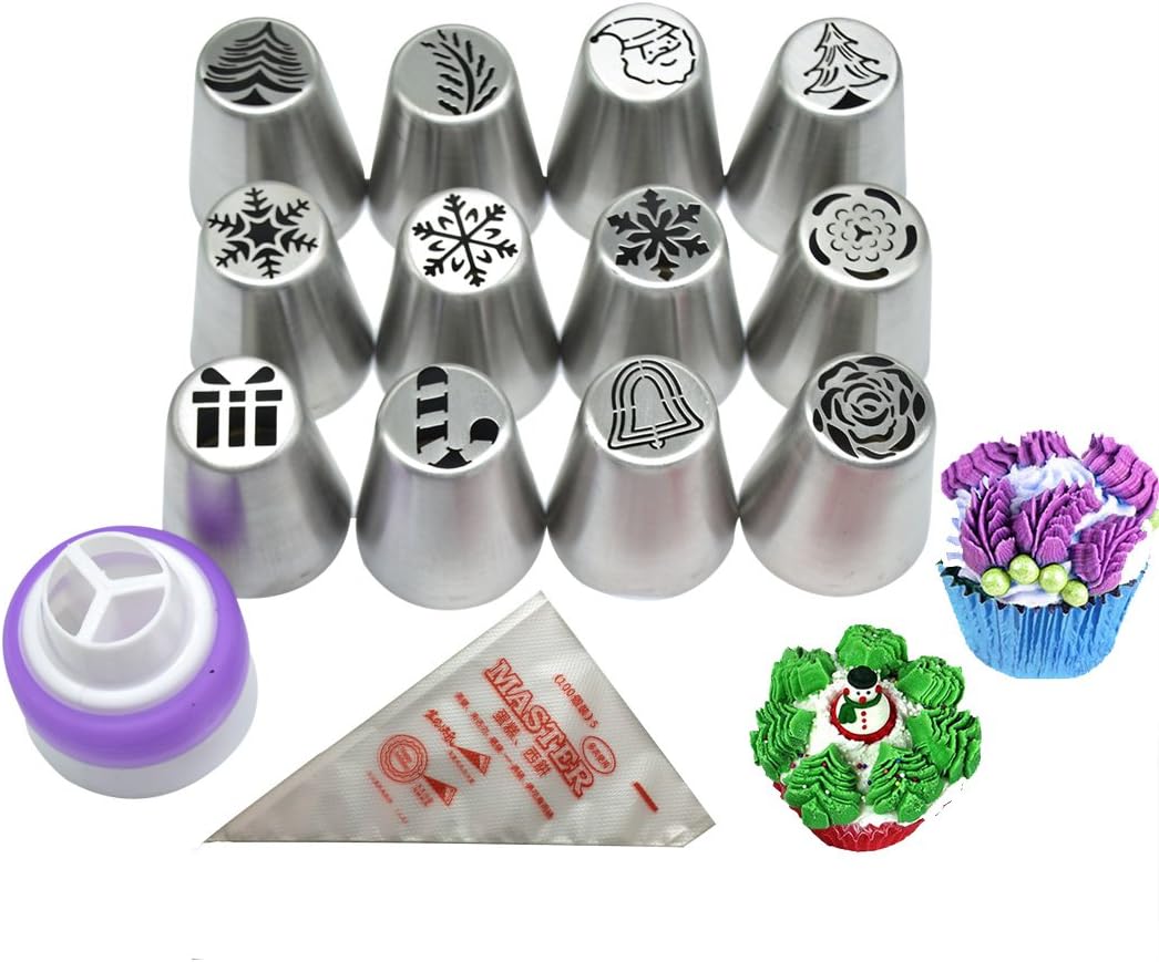 Smarki Russian Icing Piping Tips Christmas Design(Santa Claus,Trees,Flowers,Gift etc.) for Cakes Decorations Cupcakes Cookies-25 pcs Sets-12 pcs Icing Nozzles,12 ps Disposable Pastry Bags,1 pc Coupler