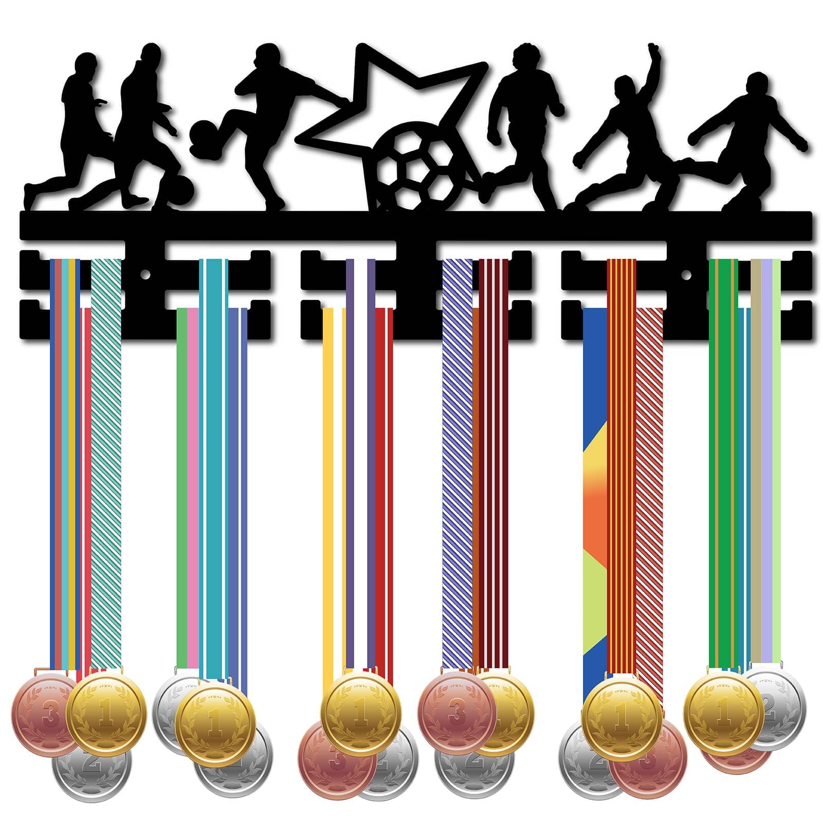 CREATCABIN Football Medal Holder Wooden Sport Medal Hanger Display Soccer Medal Rack Wall Rack Mounted over 30 Medals for Gymnastics Competition Athletes Champions Medalist Black 15.7x5.9Inch