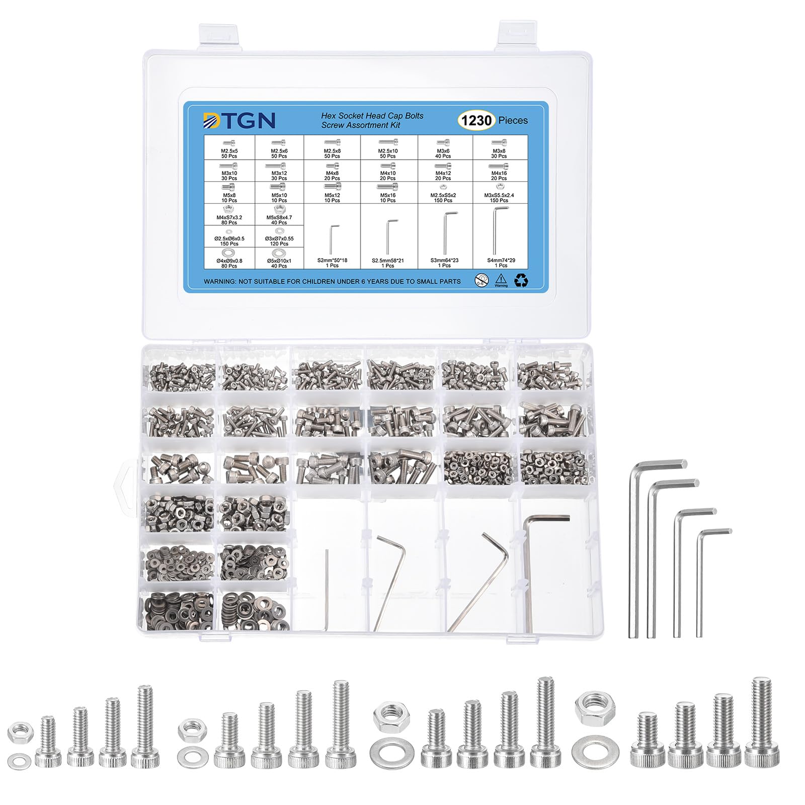 DTGN 1230Pcs Metric Screw Assortment, M2.5/M3/M4/M5 Bolts and Nuts Kit, 304 Stainless Steel Hex Socket Head Cap Screws Bolt Set With Wrench, Washers for 3D Printing DIY