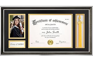 Yaetm 11x22 Diploma Frame with Tassel Holder for 8.5x11 Certificate Document, Tempered Glass Cover, 4x6 Graduation Photo, Black Mat Over Gold Acid-free Mat, Graduation Frame