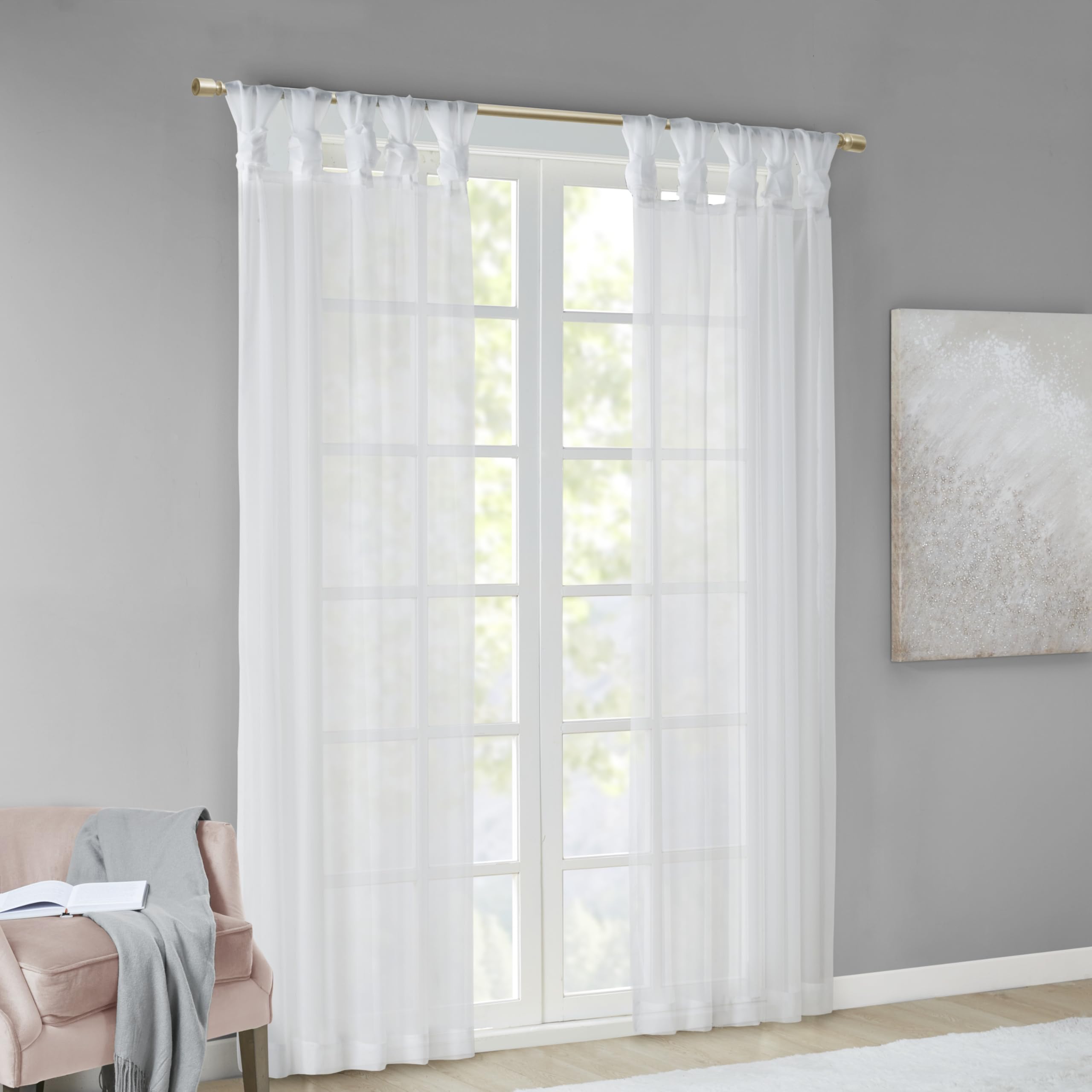 Madison Park Ceres DIY Twisted Tab Sheer Curtain, Pair Panels, Lightweight Window Treatment, Voile Privacy, Light Filtering Drape for Bedroom and Apartment, 50 in x 63 in, White 2 Piece