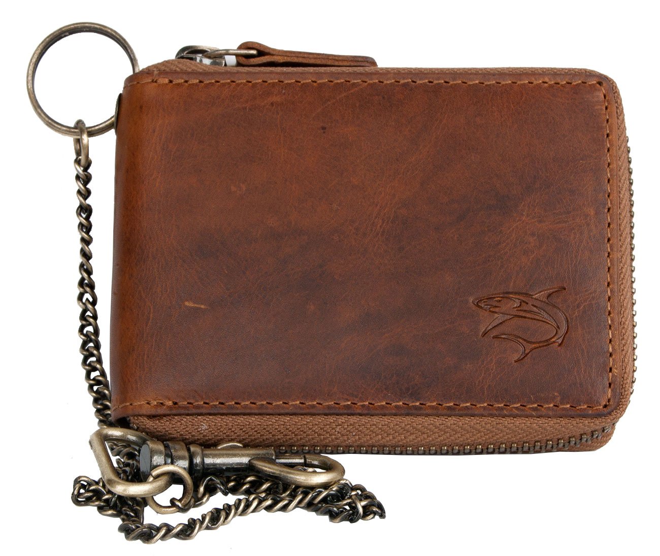 FLW Genuine leather pocket sized zip-around wallet with a shark with metal chain