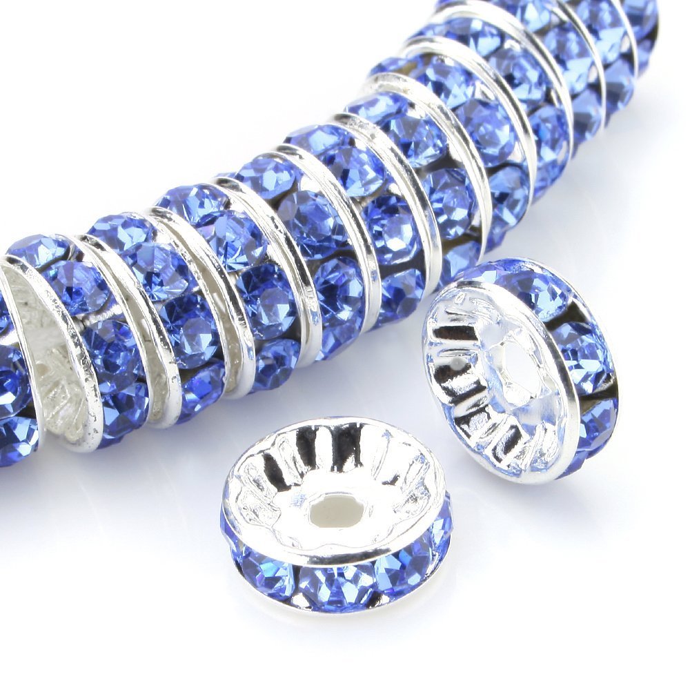 RUBYCA 100pcs 8mm Round Rondelle Spacer Beads Silver Tone Light Sapphire Czech Crystal — image 1