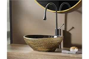 MEJE 16x13-Inch Oval Egg Shape Bathroom Vessel Sink, Antique Pattern Design, Above Counter Bathroom Vanity Bowl Basin, Vintage Gold