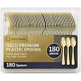 180 Count Gold Plastic Spoons Heavy Duty, Disposable Plastic Silverware | BPA-Free, Heat Resistant, Disposable, Solid and Durable Premium Plastic Silverware For Party, Wedding, Baby Shower