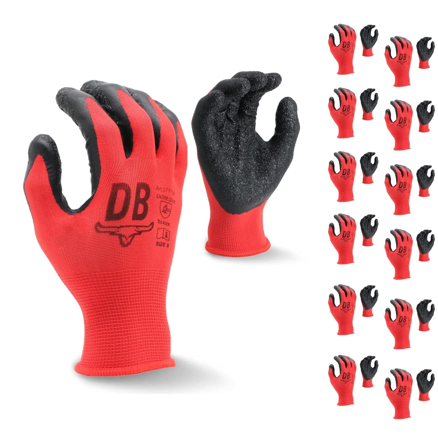 Durabull Latex Coated Work Gloves - Heavy Duty Protective Gloves For Builders, Garden & Working. Secure Fit With Anti Slip Grip. (Red, 7 (S))