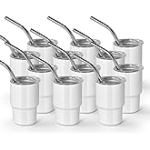 AGH 3 oz Mini Tumbler Shot Glass with Straw and Lid White Stainless Steel Sublimation Tumblers Double Wall Vacuum Insulated Cups, 12 Pack