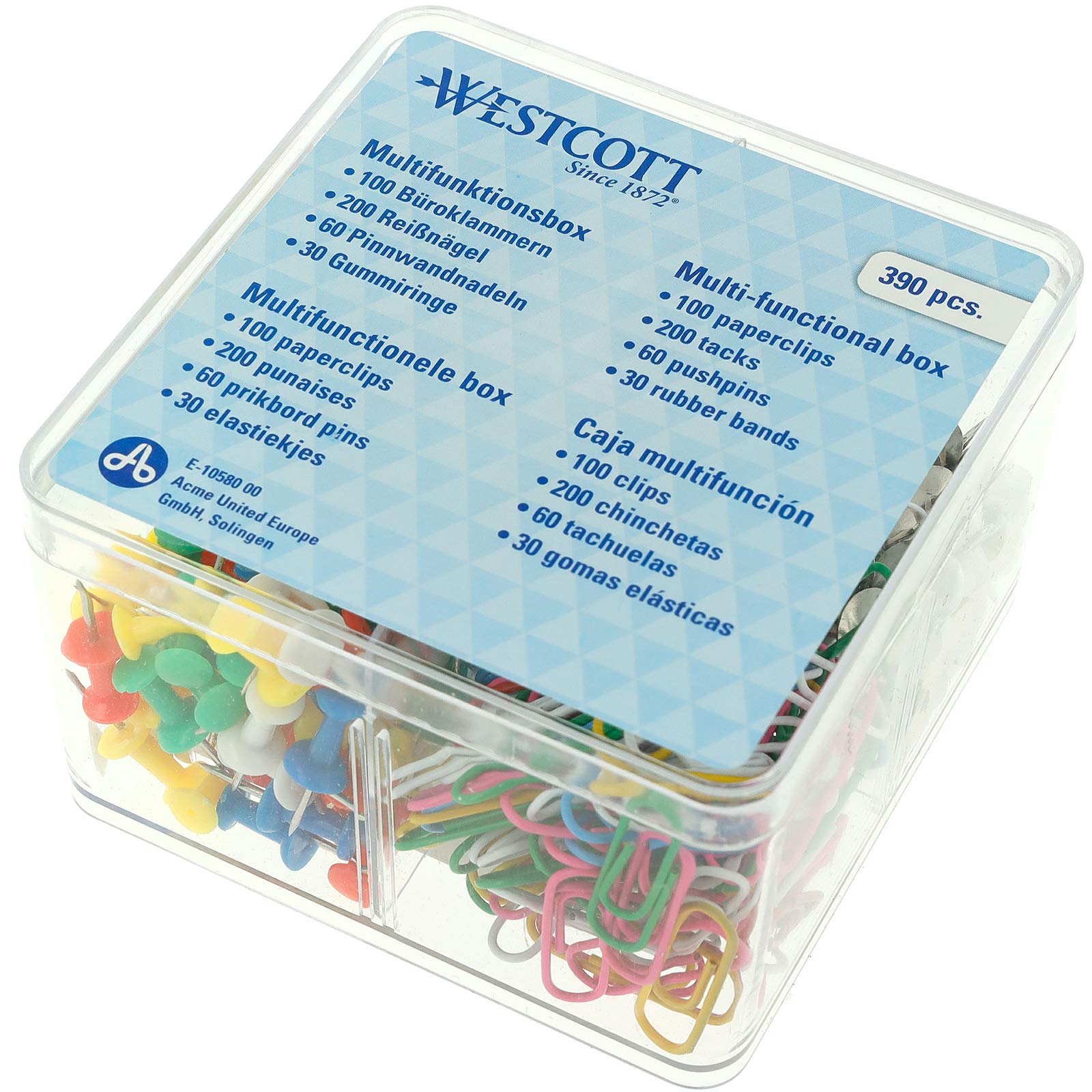 Westcott E-10580 00 Multi-Function Box, Office Box, 390 Pieces, Paper Clips, Push Pins, Pin Boards, Rubber Rings, Colourful, Transparent