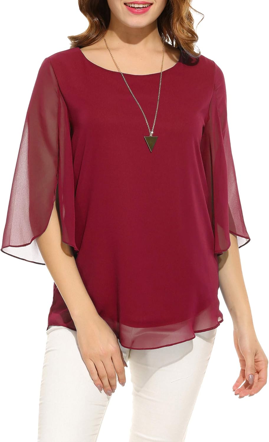 ACEVOG Womens Casual Scoop Neck Loose Top 3/4 Sleeve Chiffon Blouse Shirt Tops: Clothing