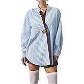 MakeMeChic Women's Striped V Neck Blouse Metal Button Long Sleeve Work Shirt Tops