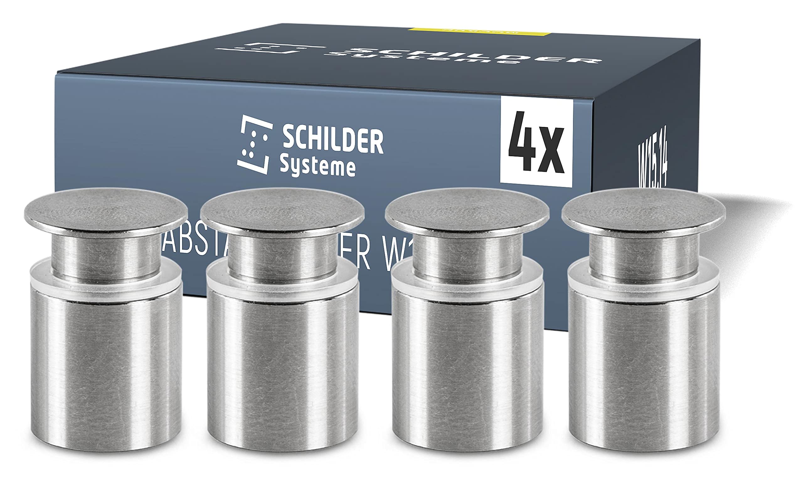SCHILDER Systeme Pack of 4 Stainless Steel Spacer with Flat Head Screws and Dowels for Attaching Signs, High-Quality Wall Mount for Glass Signs (4, 14 mm Distance from Wall)