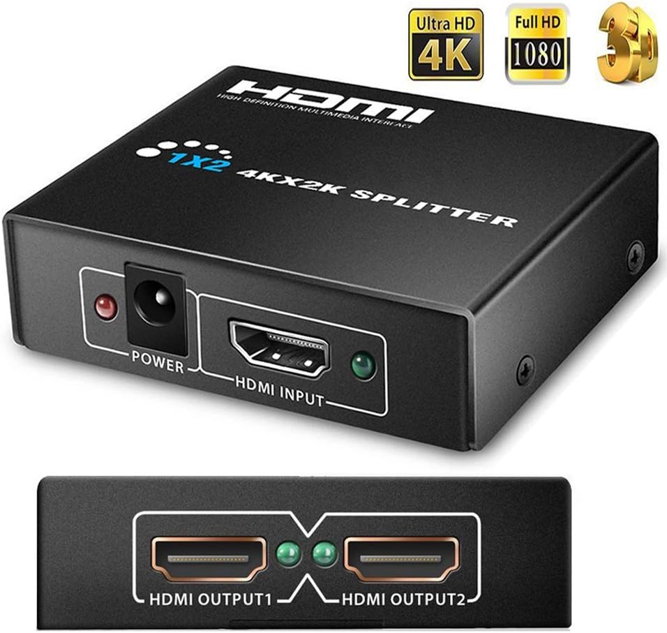 Auskic HDMI Splitter 1 in 2 out, 4k 1x2 HDMI Splitter for Dual Monitor 2 Way HDMI Splitter HDMI Dual Monitor Adapter Powered HDMI Splitter for Cable Box TV PS3 PS4 PC Xbox Blue-Ray Support 1080P HD 3D