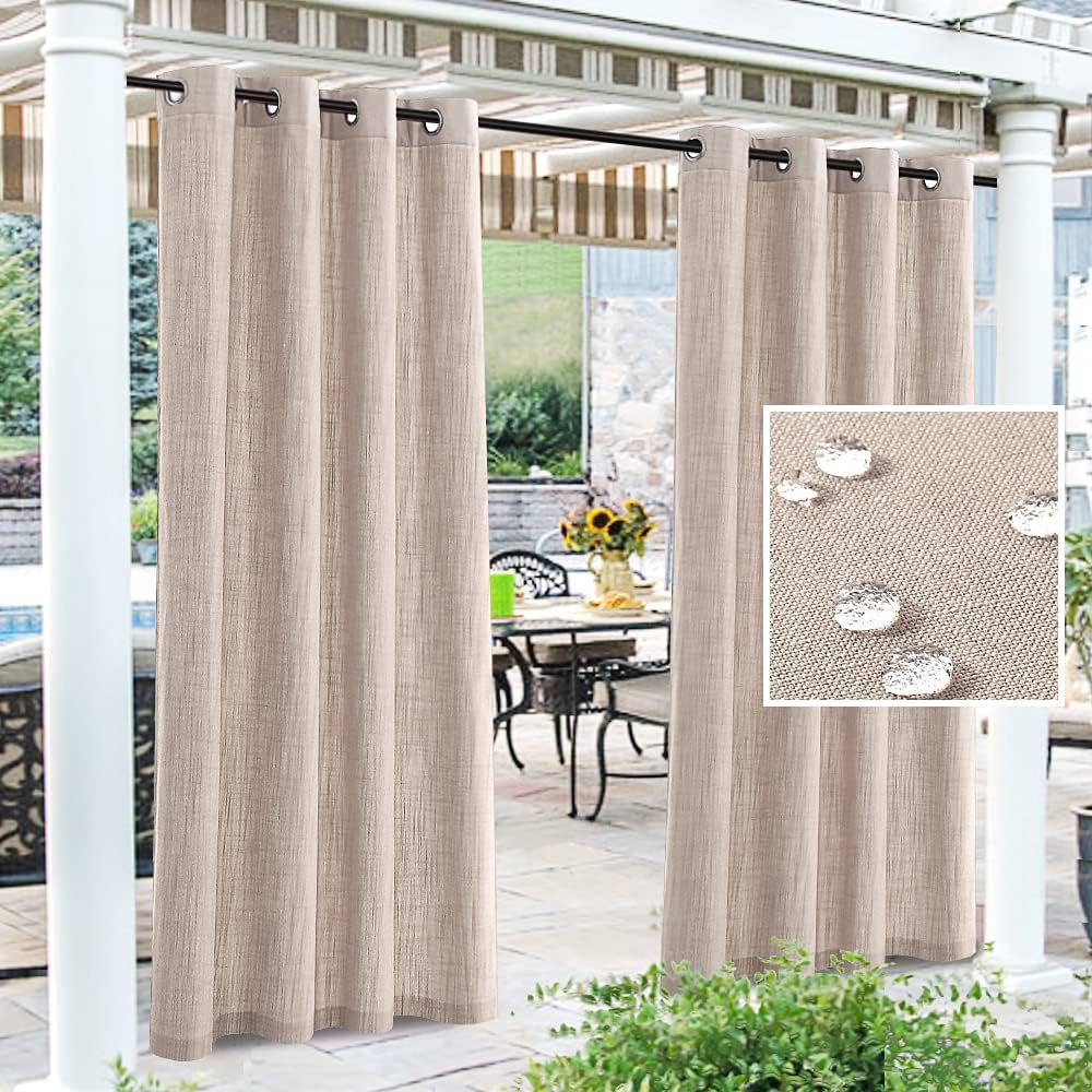 Outdoor Curtains - Outdoor Curtain for Patio Waterproof Linen Look Heavy Duty Indoor/Outdoor Solid Rustproof Grommet Curtain Thermal Insulated Sunlight Block Drape for Gazebo/Porch, 52”W X 84”L, Linen, 1 Panel