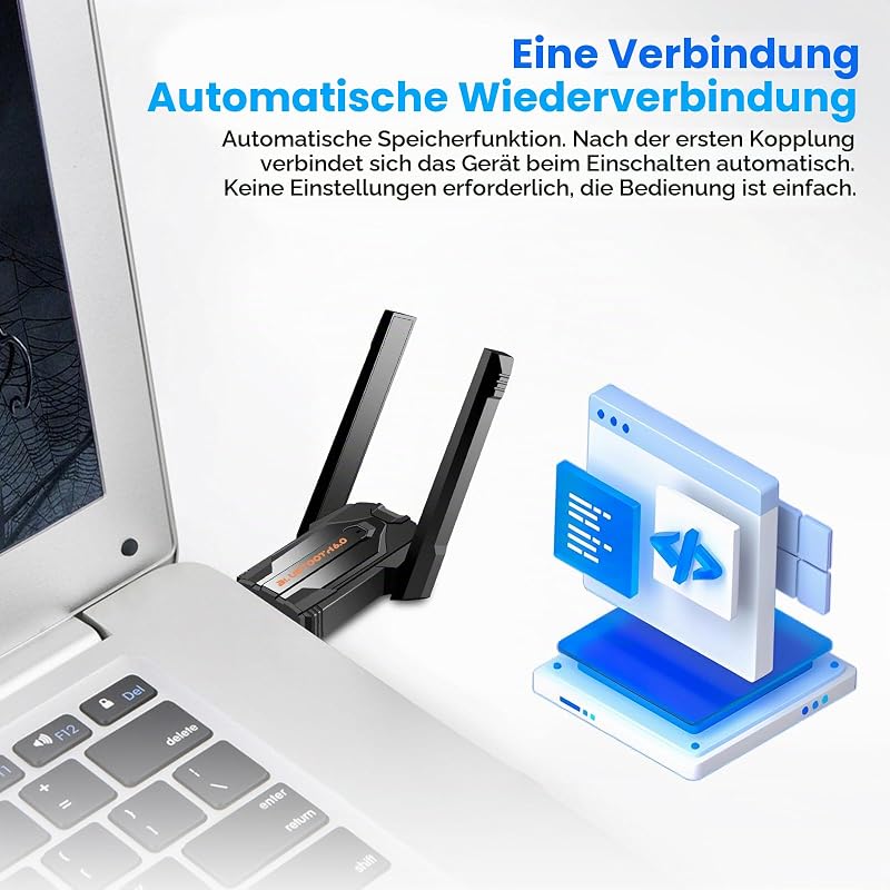 Bluetooth Adapter 6.0 Mit Großer Übertragungsreichweite für PC Windows 11/10/8.1, USB Dongle für Bis zu 5 Geräte simultan, Große Reichweite, Niedrige Latenz