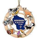 WODORO Christmas Decor Wisconsin State USA America 2D FLAT (NOT 3D) Wooden Ornaments for Christmas Tree Decorations 3.54 inches, Rear Mirror Hanging Car Accessories, Unique Gifts for Him Men Her Women