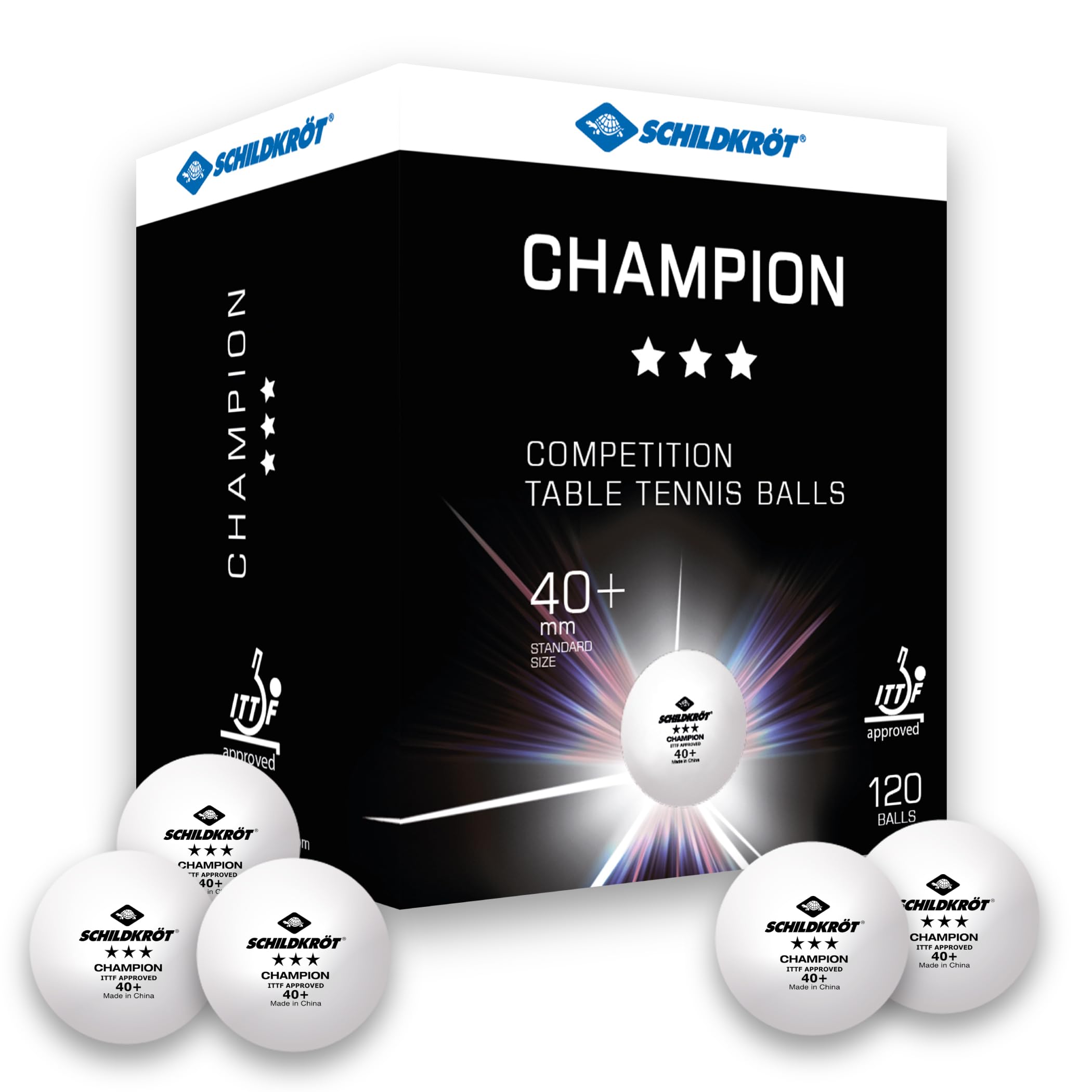 Donic-Schildkröt 3-Star Table Tennis Balls Champion, ITTF Aproved, for Competition, Quality Poly 40+, 120 Pieces in a Box, White, 608542