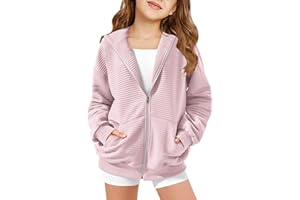 Haloumoning Girls Zip Up Hoodie Kids Fashion Oversized Textured Sweatshirt Jacket with Pockets 5-14 Years