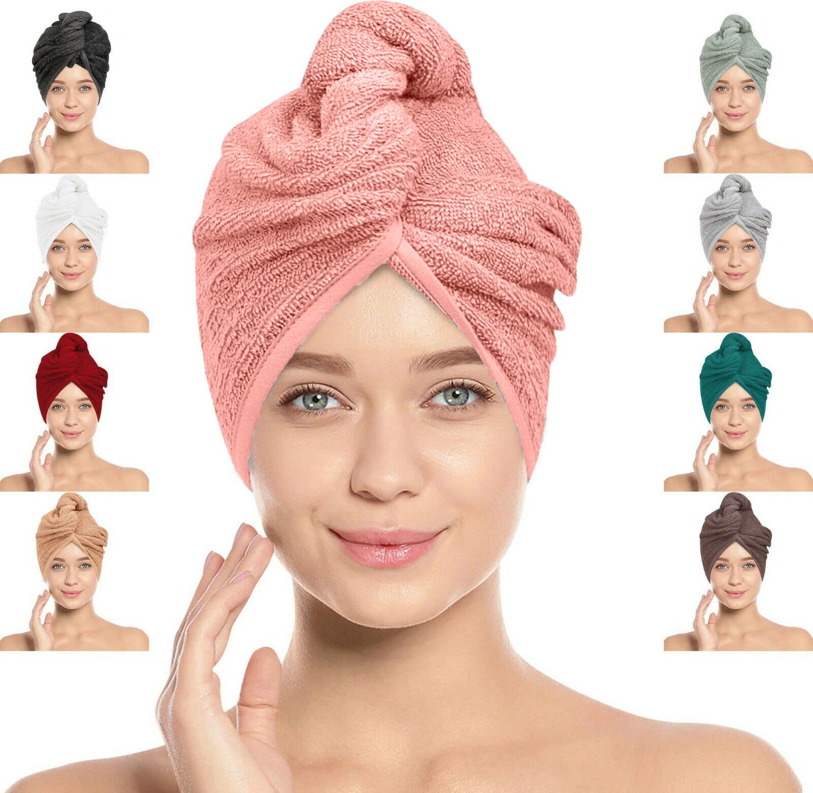 LOOM KNIT Hair Towel Wrap Lightweight Turban, Instant Drying 100% Cotton Hair Cap Super Quick Absorbent Anti-Frizz Twist Toweling Dry Hat with Button and Loop for Long Curly Hairs, 64 x 24CM, Pink