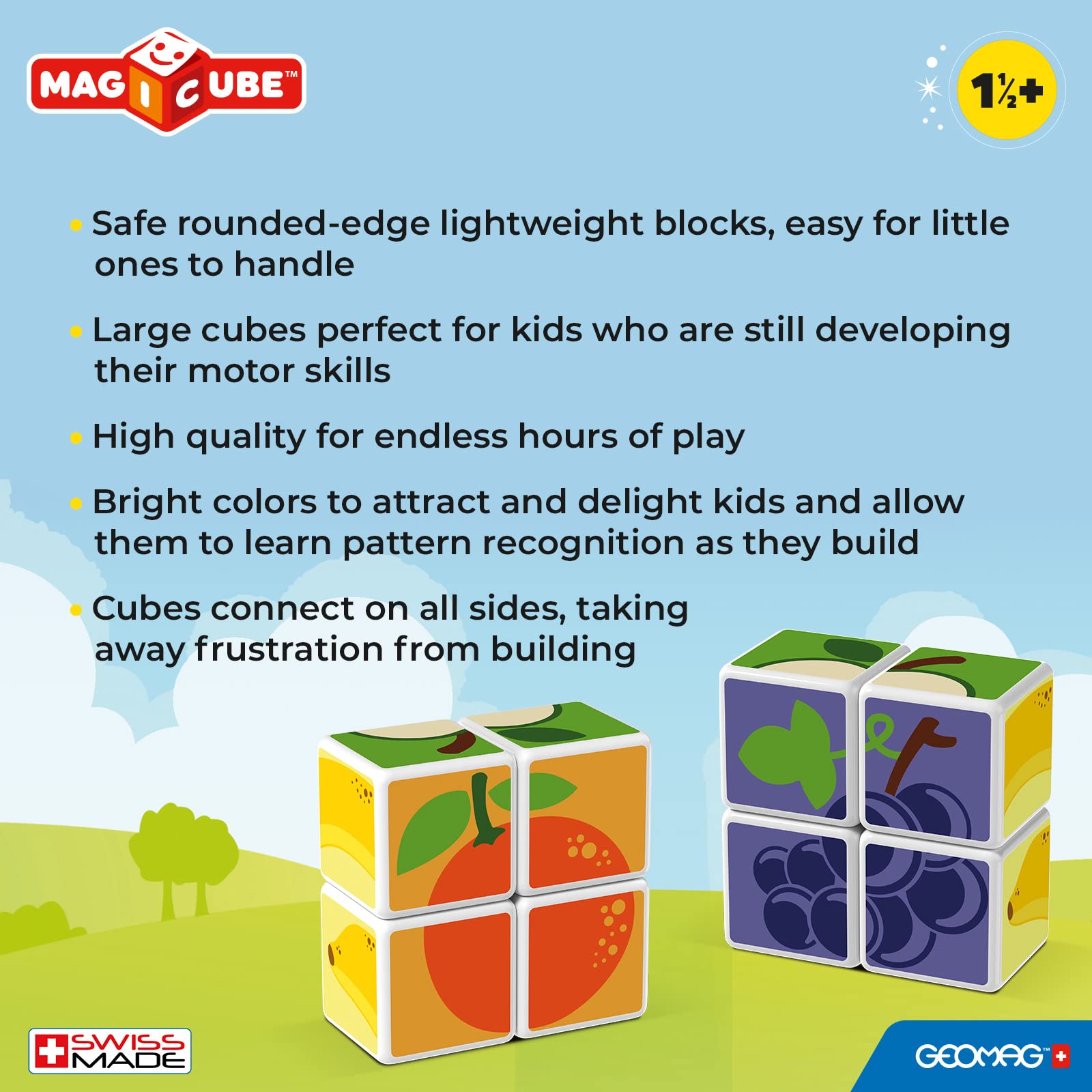 Geomag MagiCube Fruit 4-Piece Magnetic Cubes Building Set, Toddlers & Kids Ages 1.5+, STEM-Endorsed Educational Toy, Swiss-Made, Creativity & Early Learning Fun, 6 Adorable Building Ideas