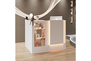 TAMUNE L-Shape Reception Desk with Lights, Front Counter Table with Glass Shelves, Reception Room Table, Counter Desk for Retail Checkout, Lobby Salon Store, White, 39.4”D x 47.2”W x 40.6”H