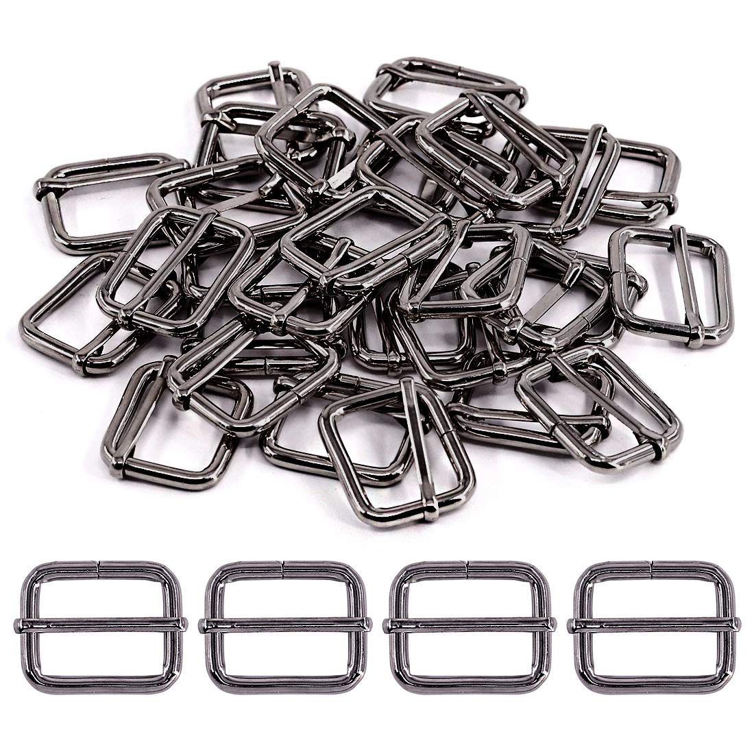 Swpeet 60Pcs 1 Inch / 25mm Gun-Black Heavy Duty Metal Rings Metal Rectangle Adjuster Triglides Slides Buckle, Roller Pin Buckles Slider Strap Adjuster Keychains for Belt Bags DIY Accessories